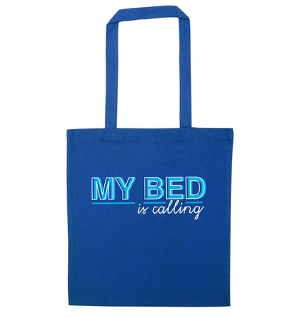 My bed is calling blue tote bag