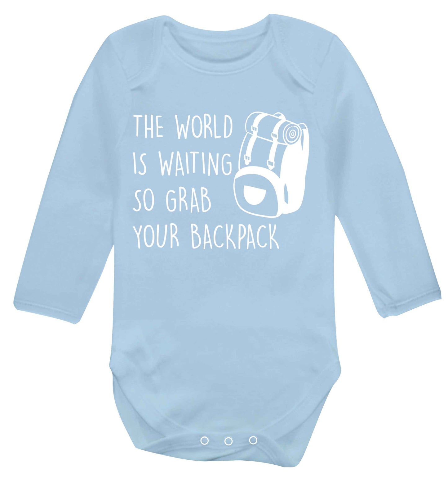 The world is waiting so grab your backpack Baby Vest long sleeved pale blue 6-12 months