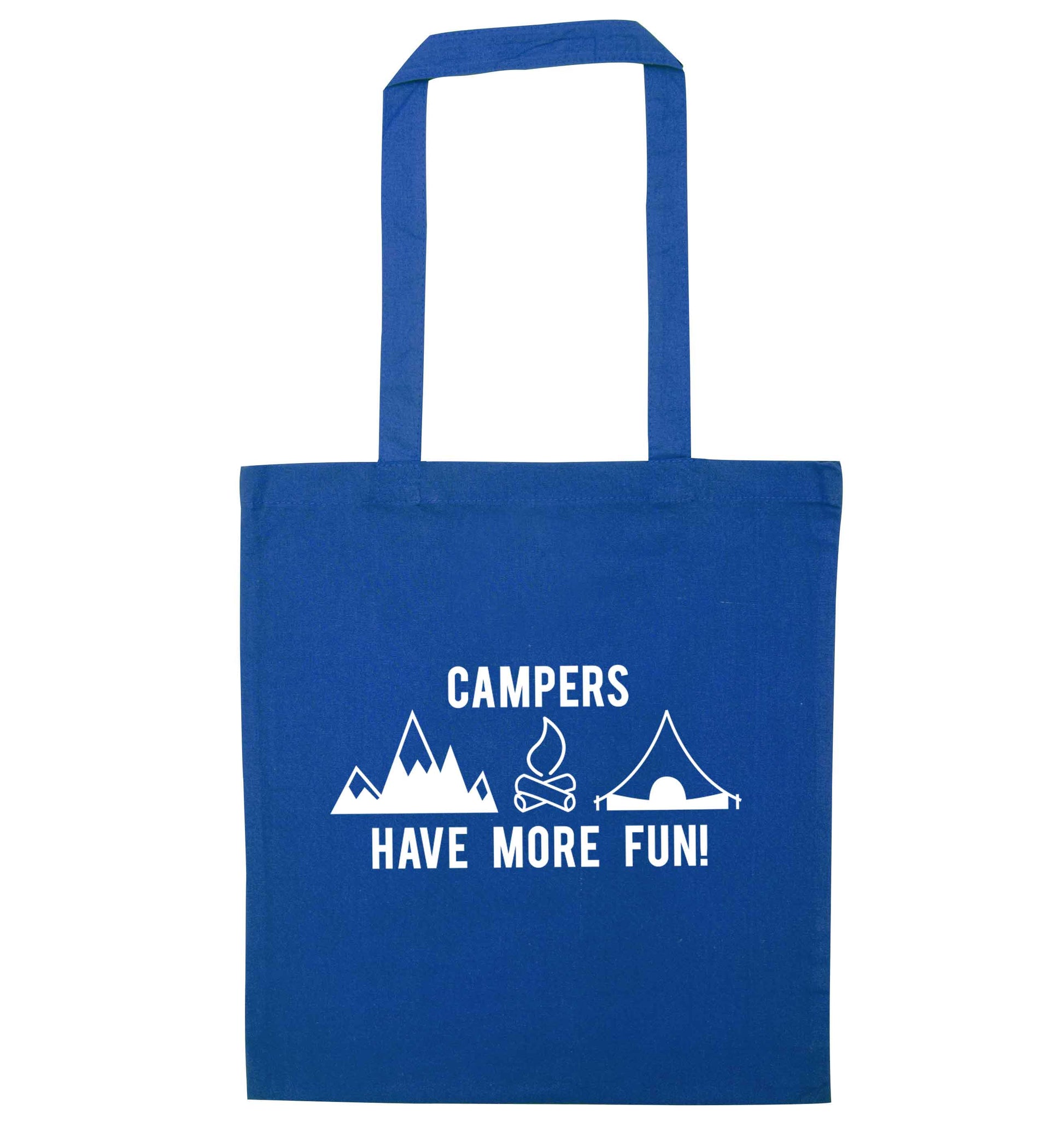 Campers have more fun blue tote bag
