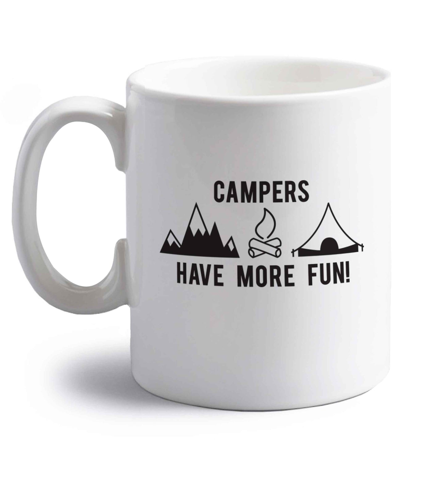 Campers have more fun right handed white ceramic mug 