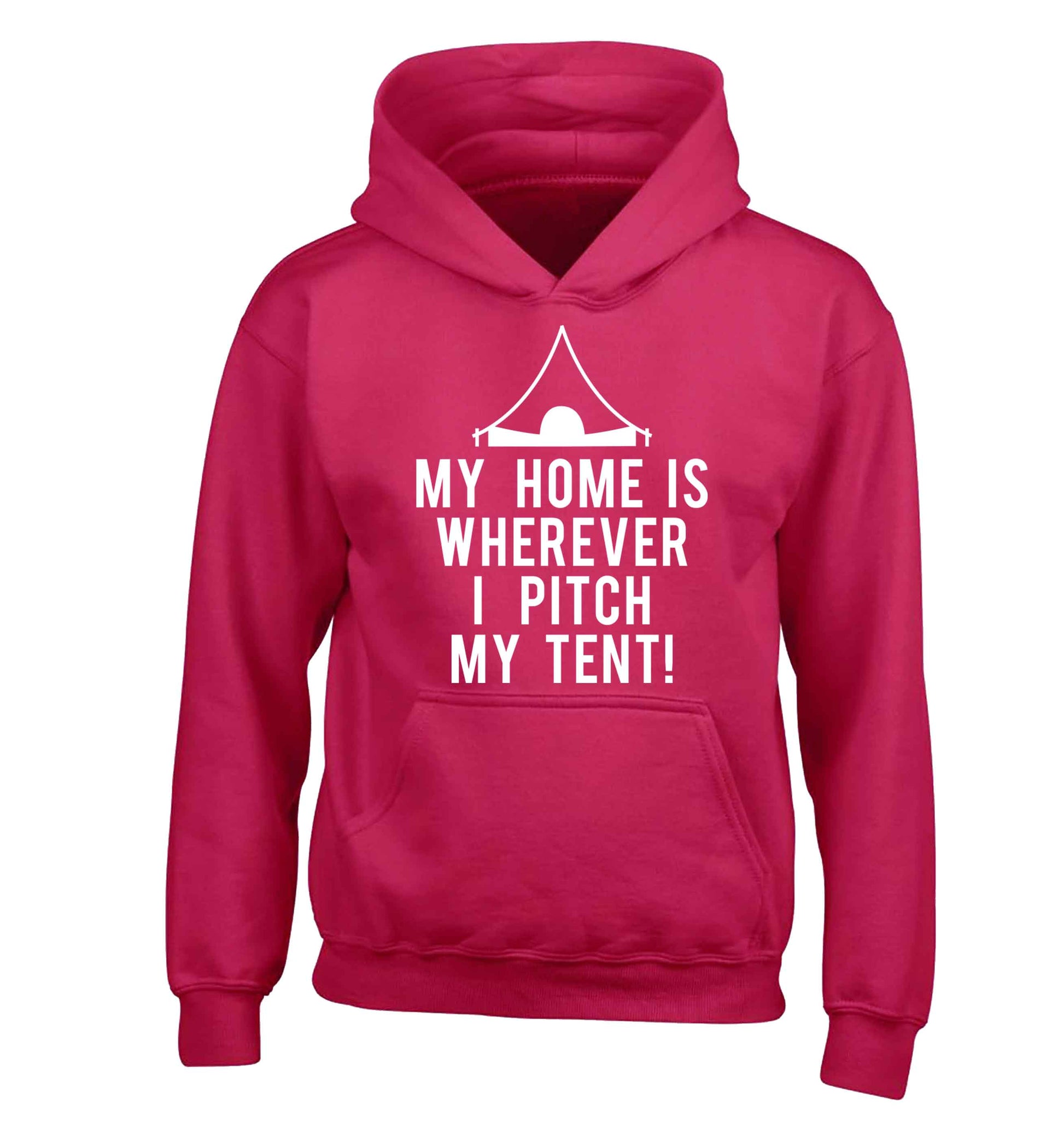 My home is wherever I pitch my tent! children's pink hoodie 12-13 Years