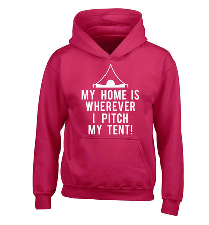 My home is wherever I pitch my tent! children's pink hoodie 12-13 Years