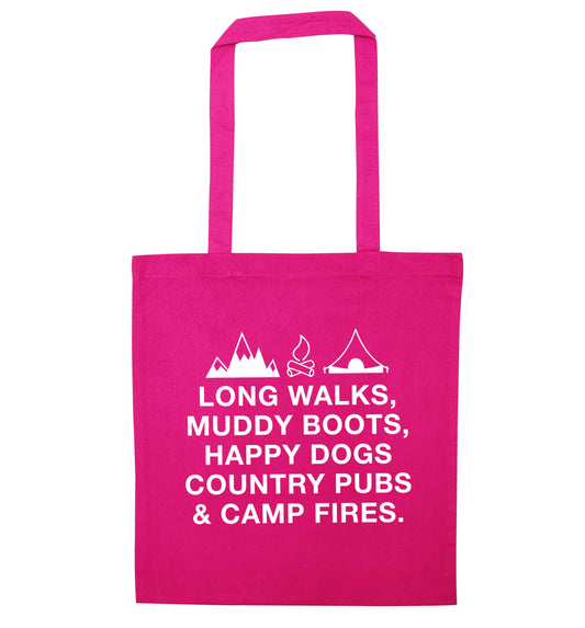 Long walks muddy boots happy dogs country pubs and camp fires pink tote bag