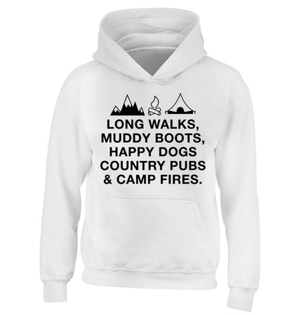 Long walks muddy boots happy dogs country pubs and camp fires children's white hoodie 12-13 Years