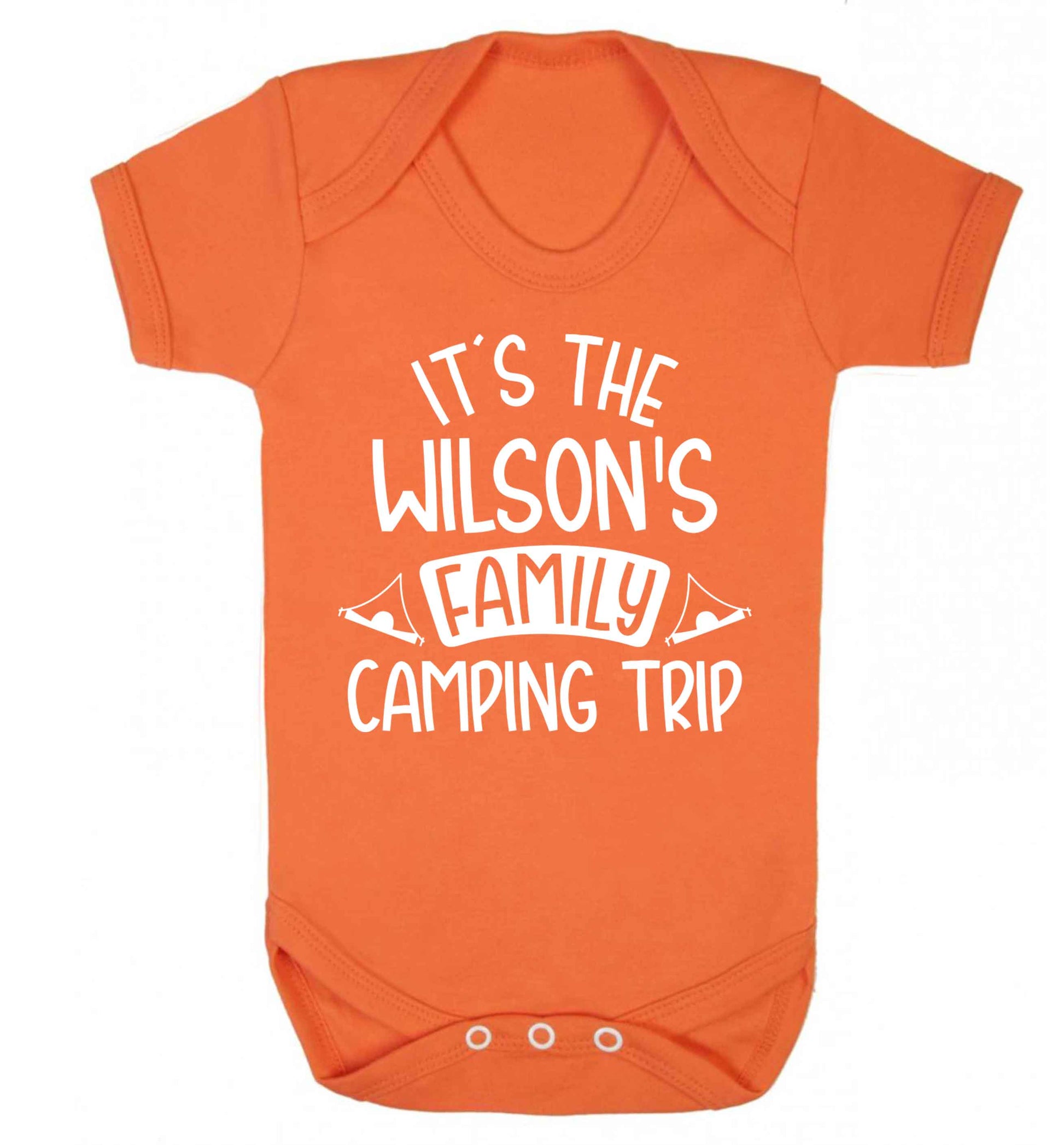 It's the Wilson's family camping trip personalised Baby Vest orange 18-24 months
