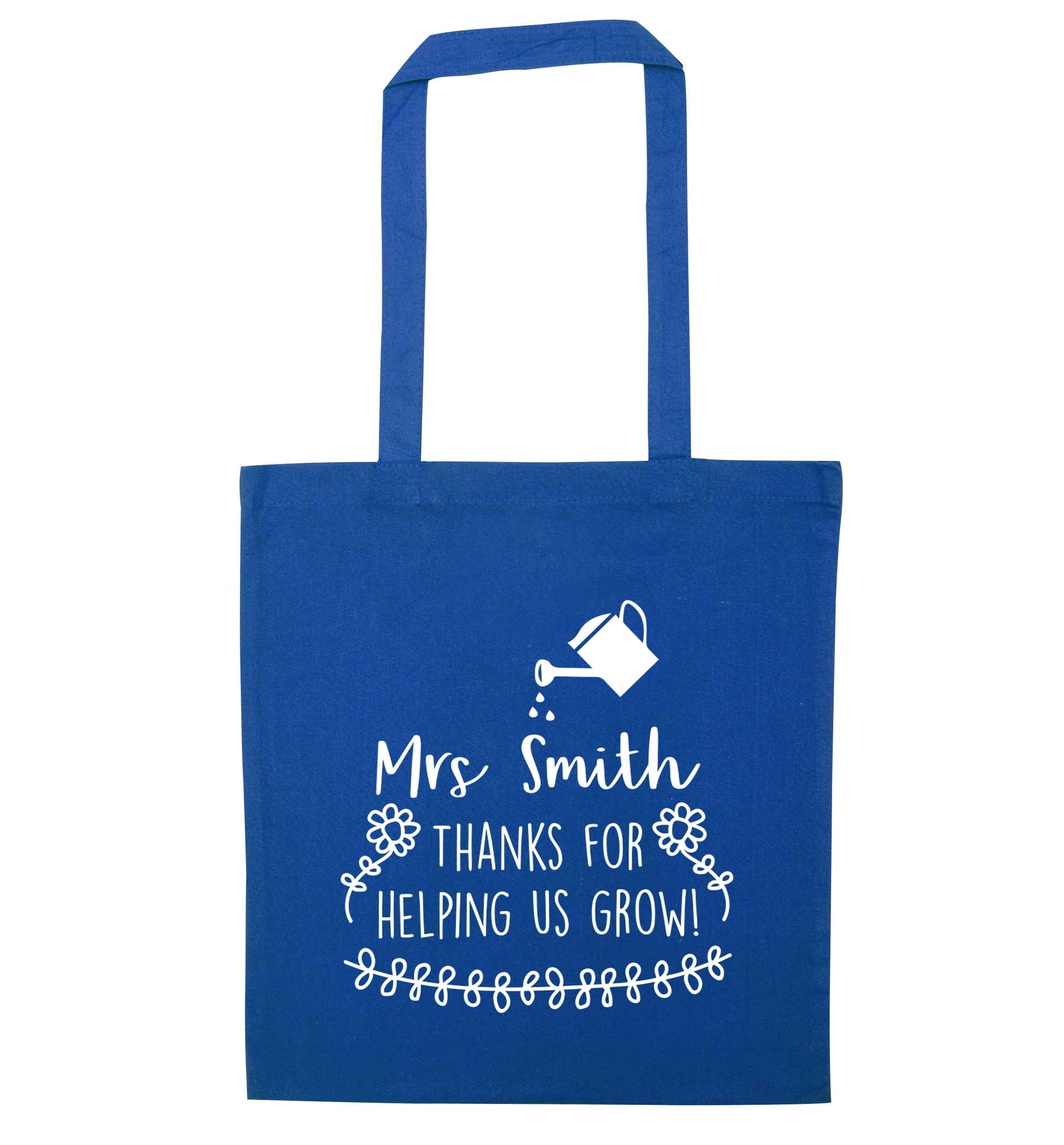 Personalised Mrs Smith thanks for helping us grow blue tote bag
