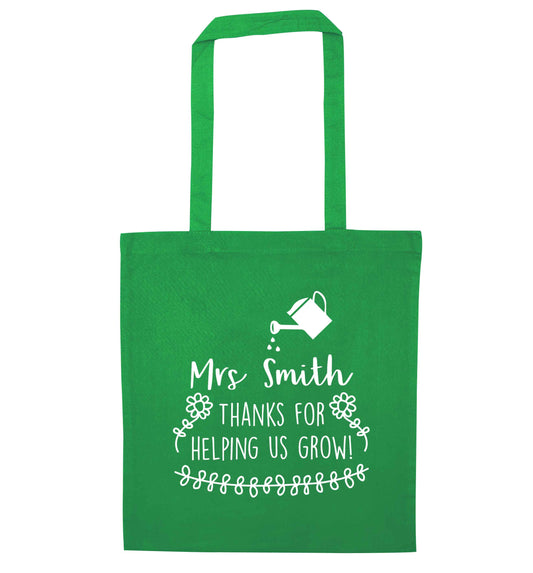 Personalised Mrs Smith thanks for helping us grow green tote bag