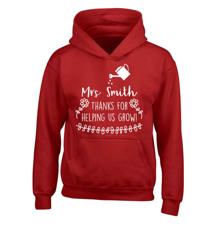 Personalised Mrs Smith thanks for helping us grow children's red hoodie 12-13 Years