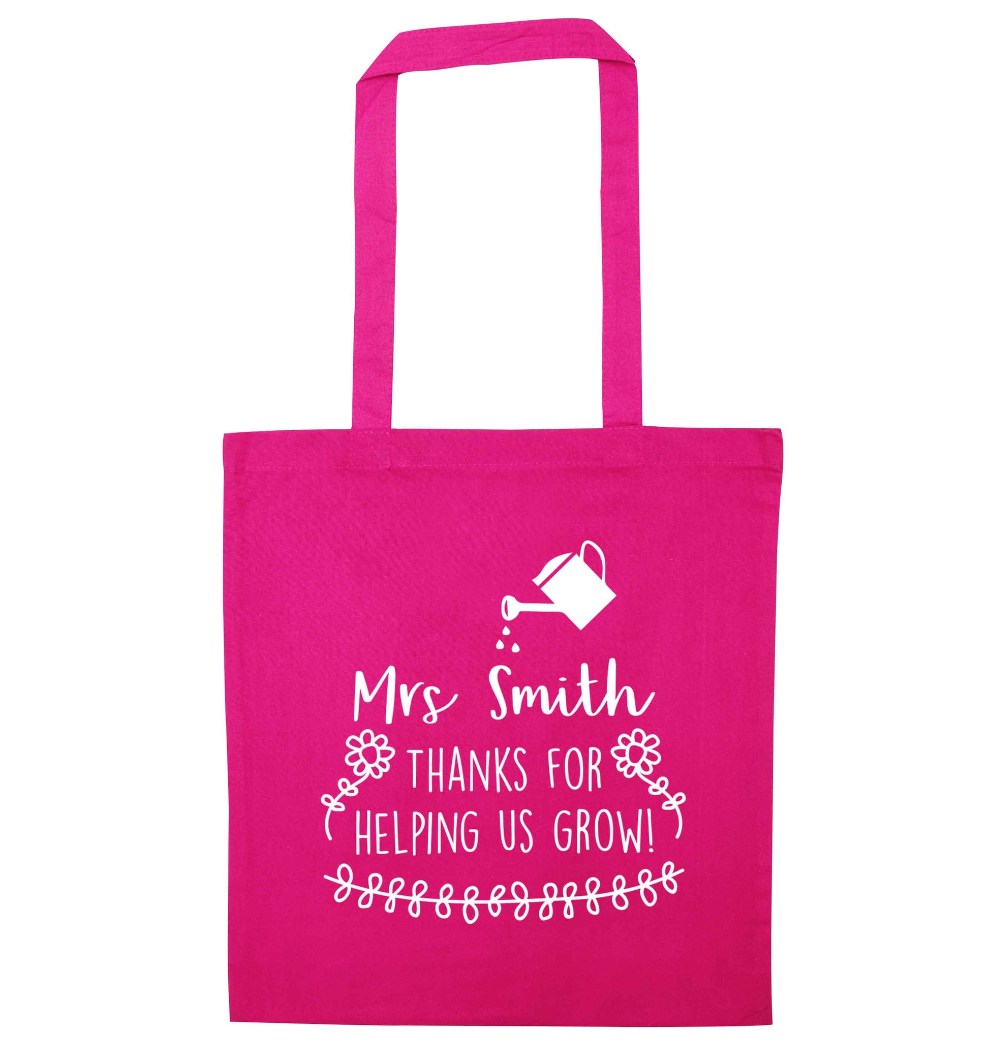 Personalised Mrs Smith thanks for helping us grow pink tote bag