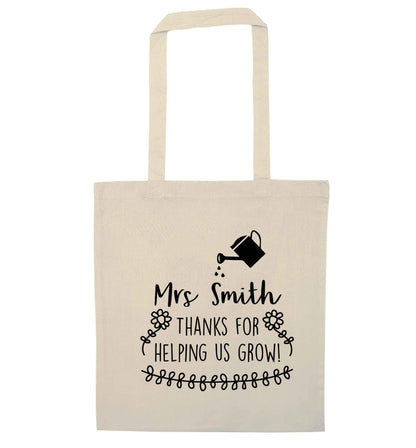 Personalised Mrs Smith thanks for helping us grow natural tote bag