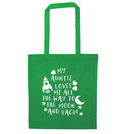 My auntie loves me all the way to the moon and back green tote bag