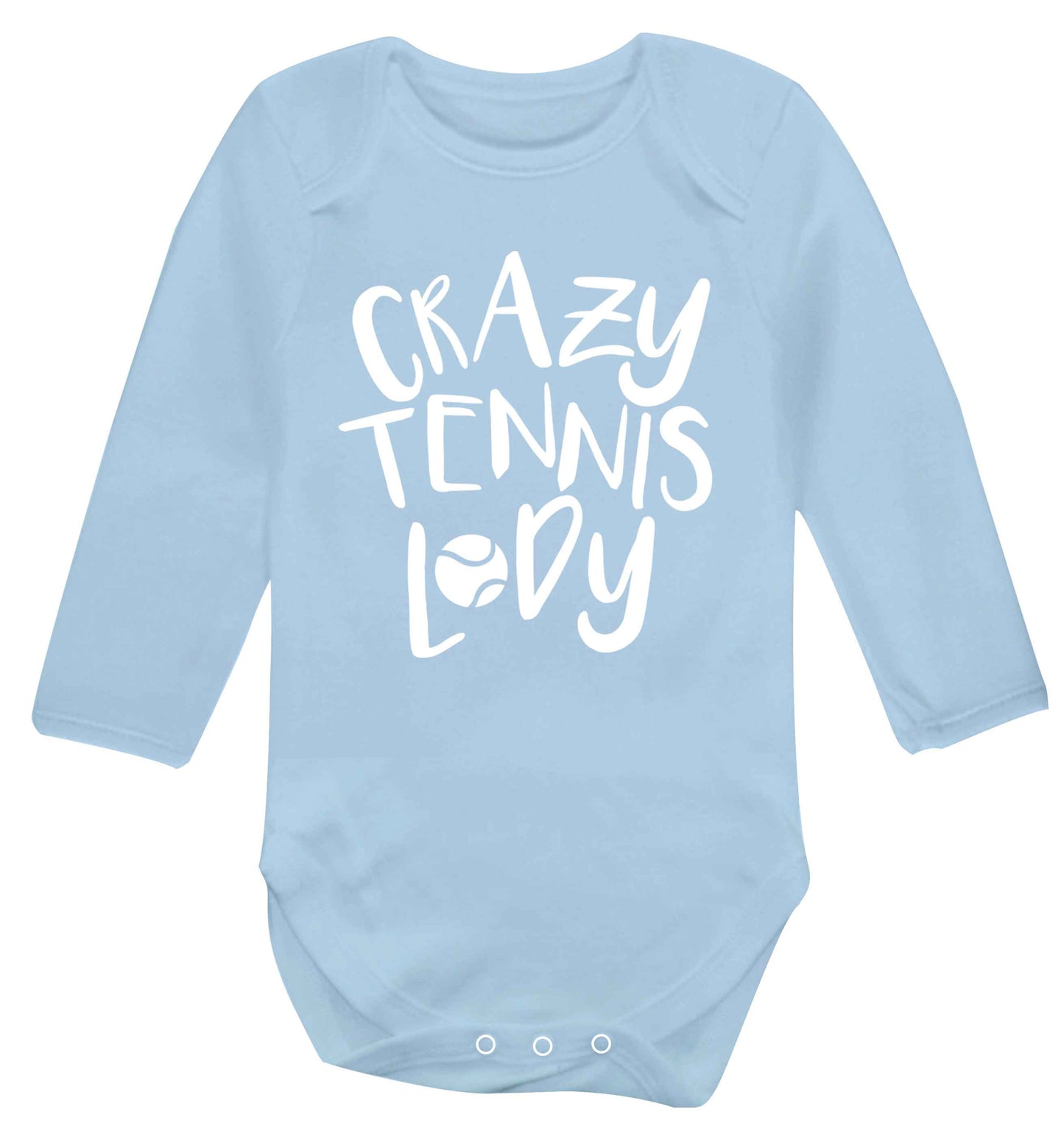 Crazy tennis lady Baby Vest long sleeved pale blue 6-12 months
