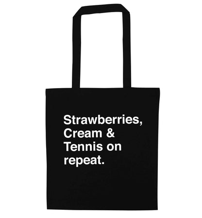 Strawberries, cream and tennis on repeat black tote bag