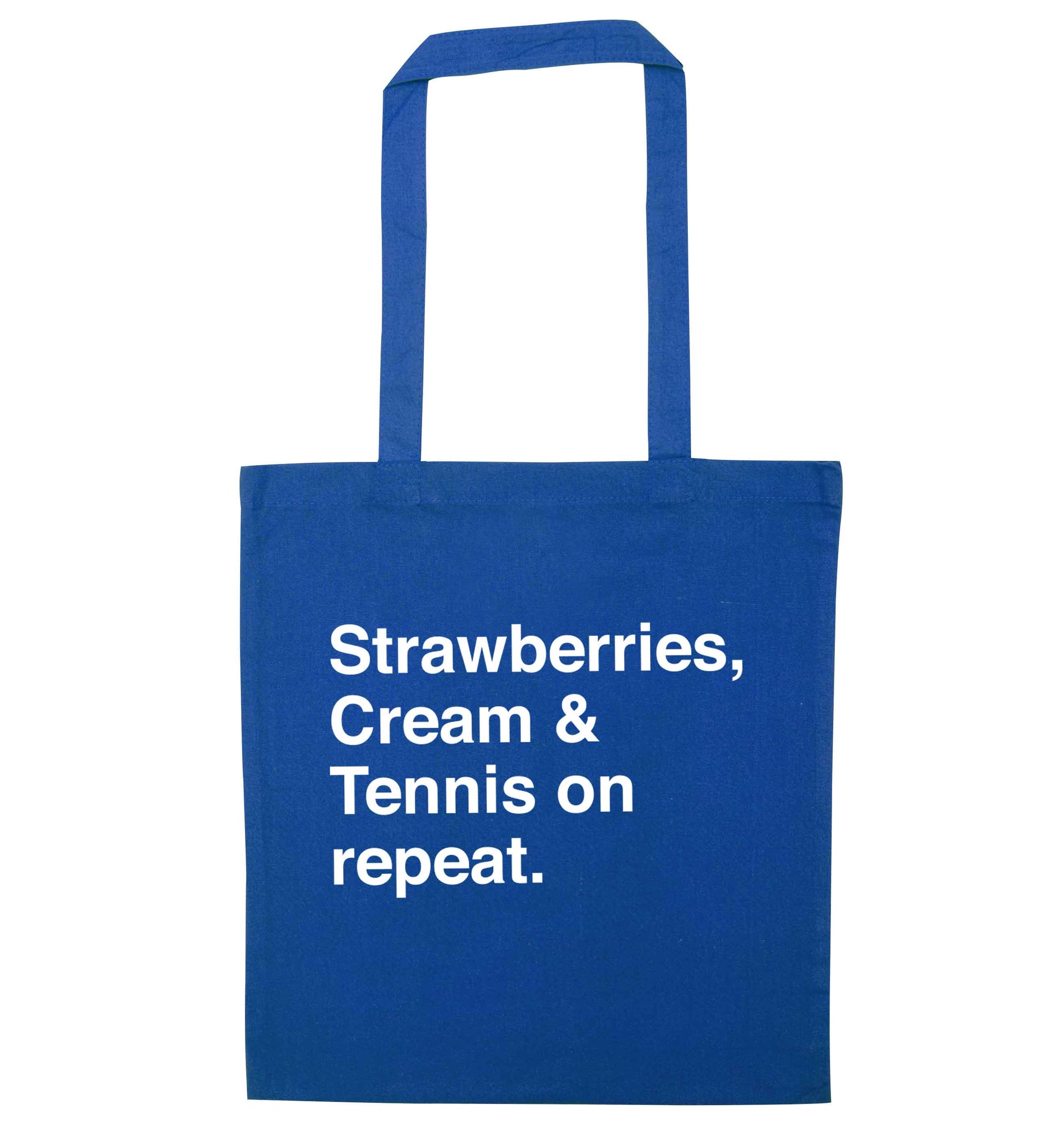 Strawberries, cream and tennis on repeat blue tote bag