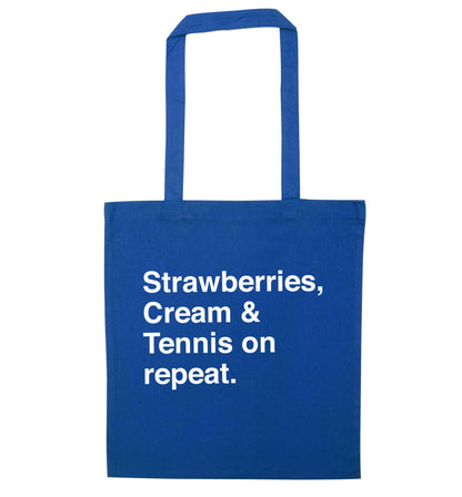 Strawberries, cream and tennis on repeat blue tote bag