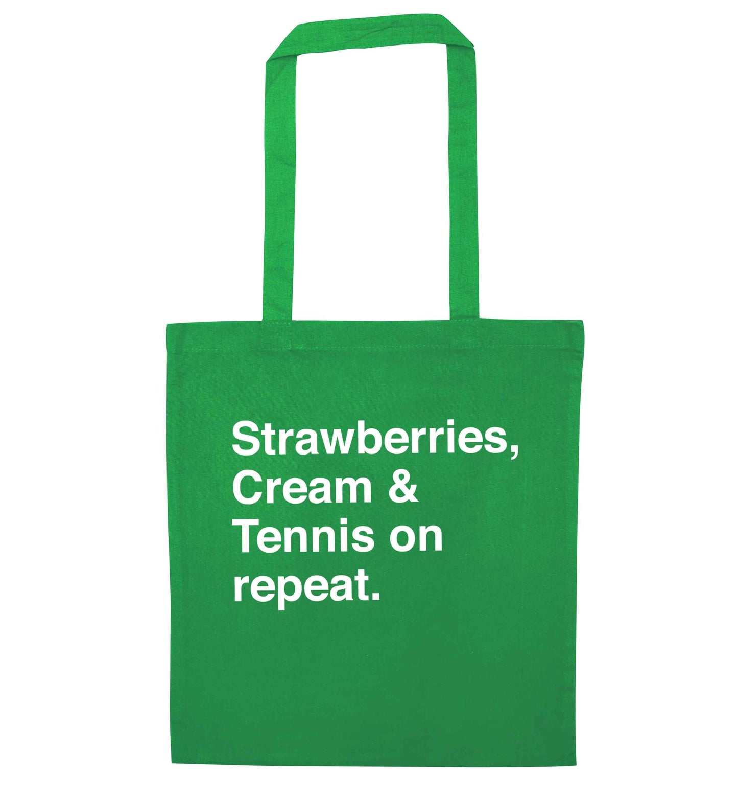 Strawberries, cream and tennis on repeat green tote bag