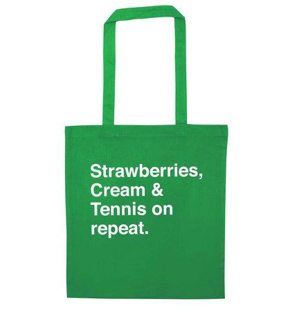 Strawberries, cream and tennis on repeat green tote bag