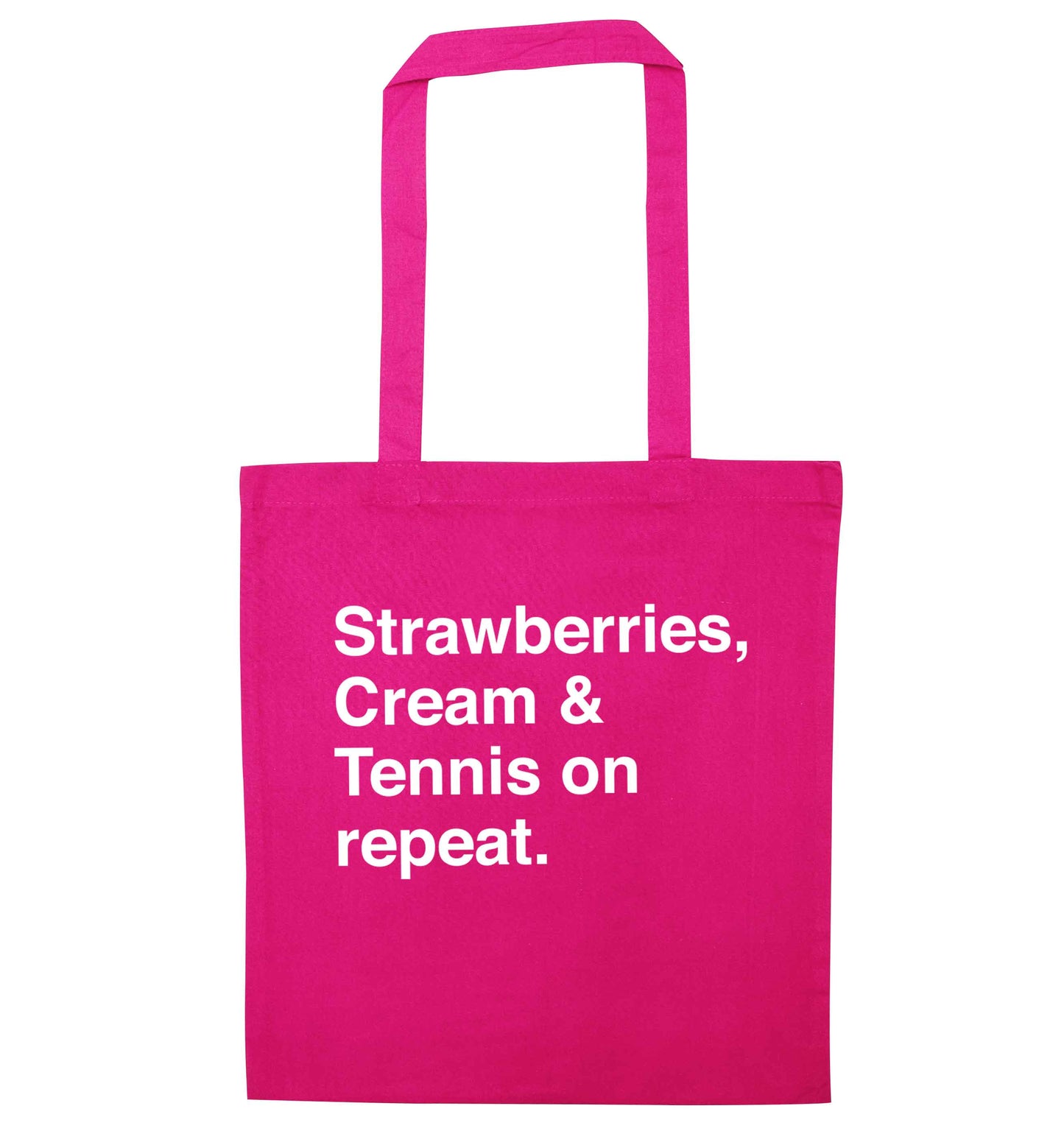 Strawberries, cream and tennis on repeat pink tote bag