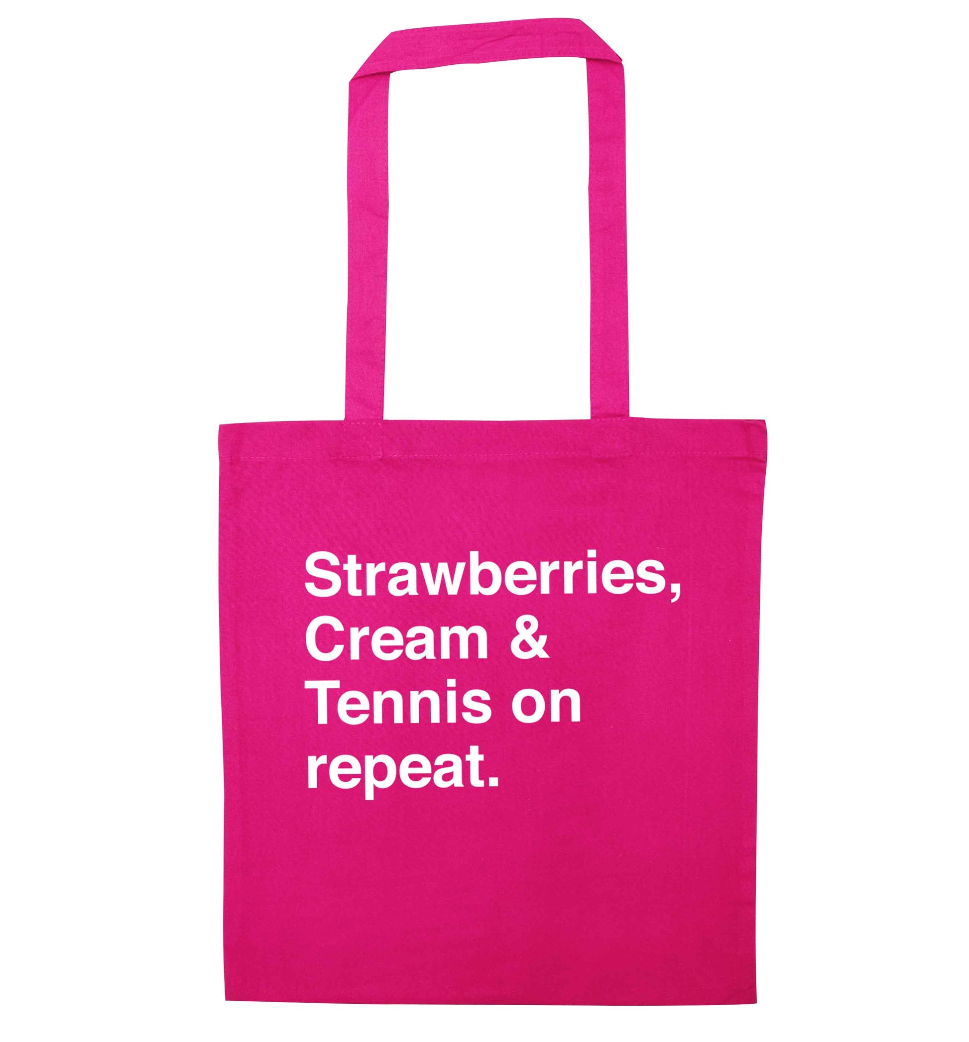 Strawberries, cream and tennis on repeat pink tote bag