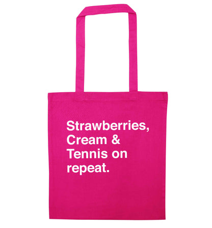 Strawberries, cream and tennis on repeat pink tote bag