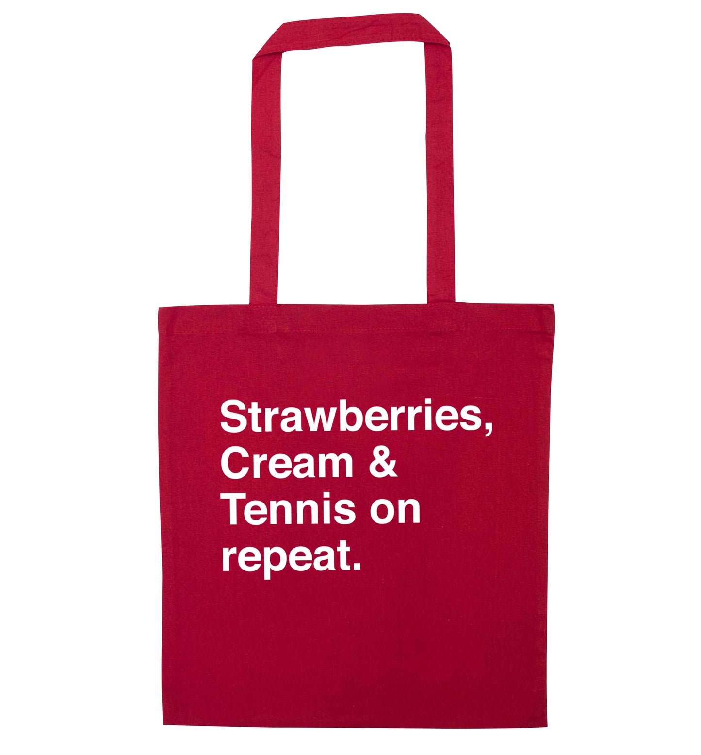 Strawberries, cream and tennis on repeat red tote bag