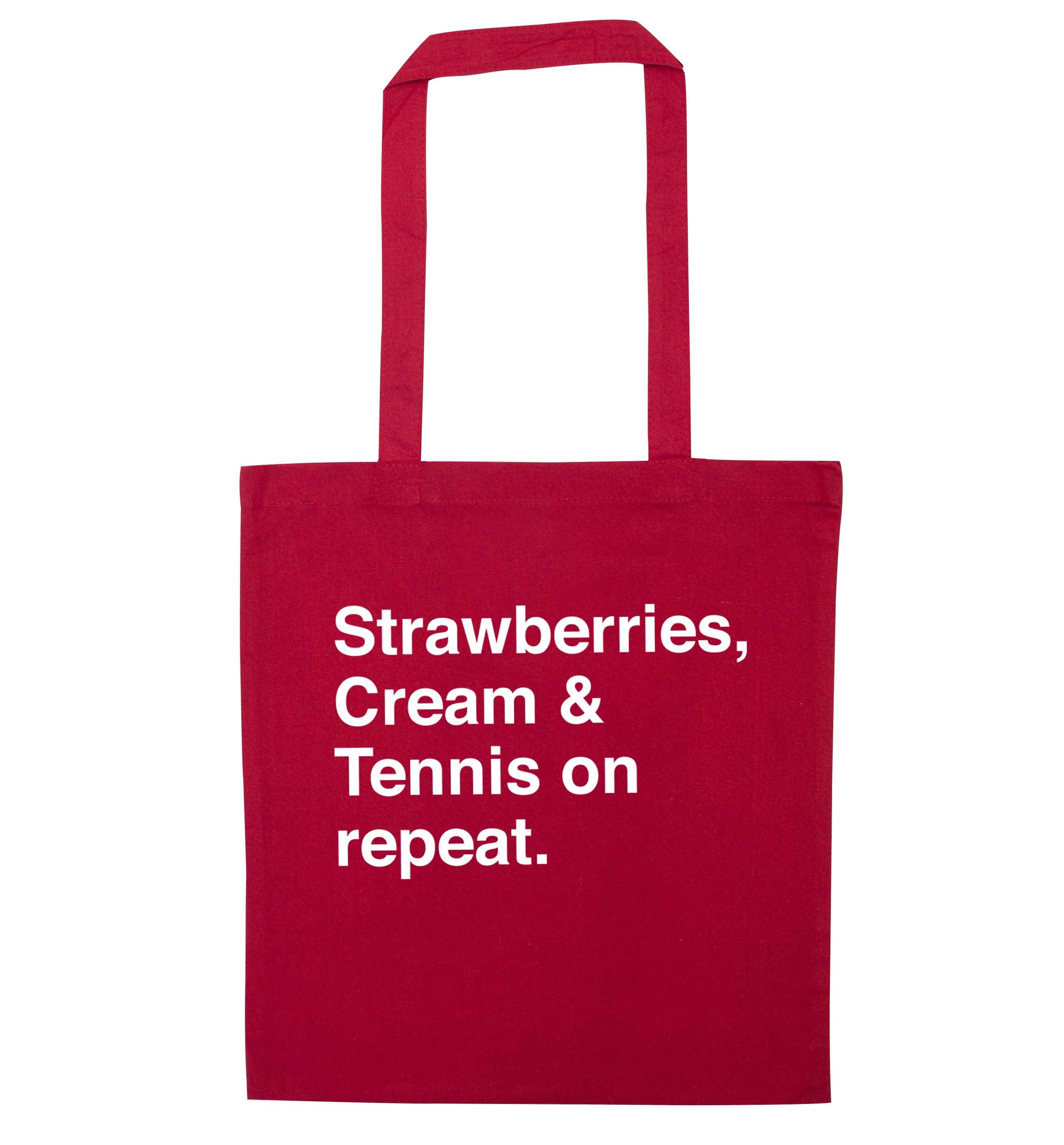 Strawberries, cream and tennis on repeat red tote bag