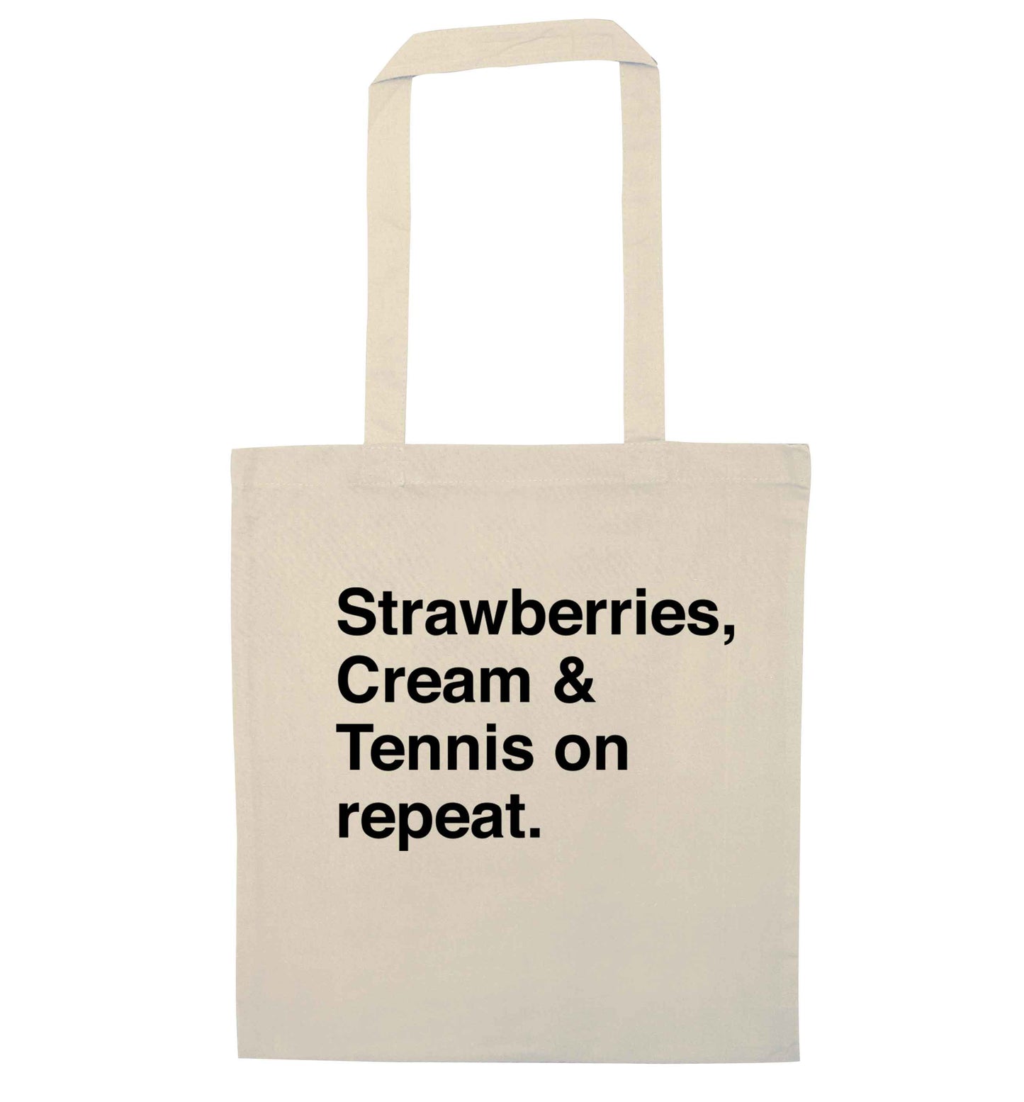 Strawberries, cream and tennis on repeat natural tote bag