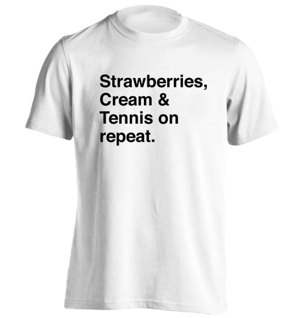 Strawberries, cream and tennis on repeat adults unisex white Tshirt 2XL