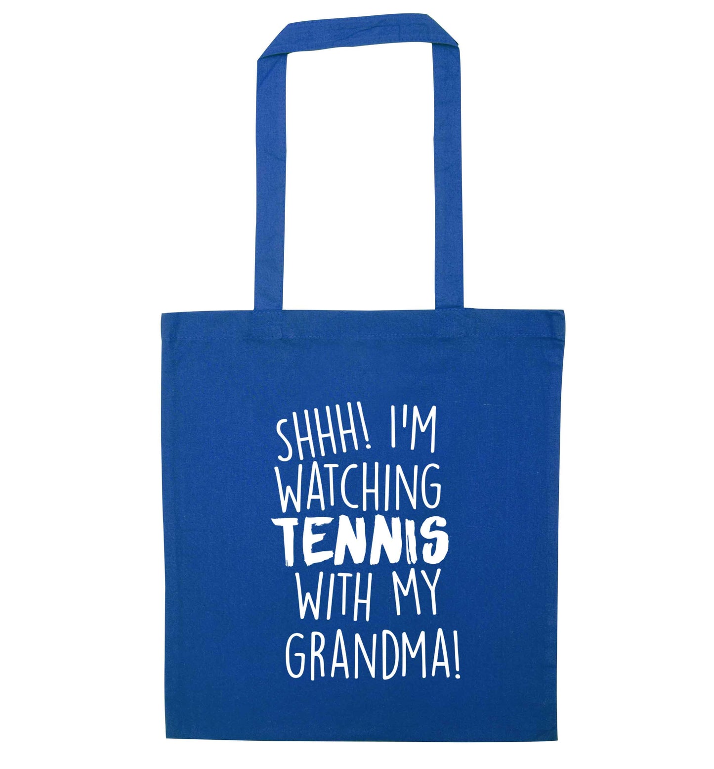 Shh! I'm watching tennis with my grandma! blue tote bag