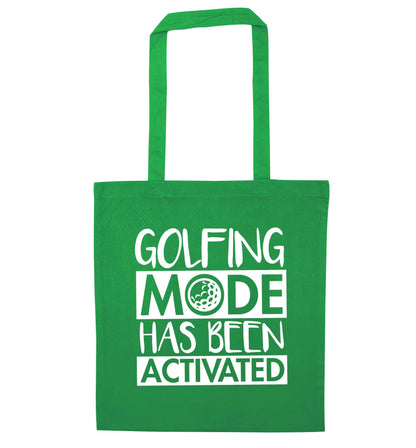 Golfing mode has been activated green tote bag