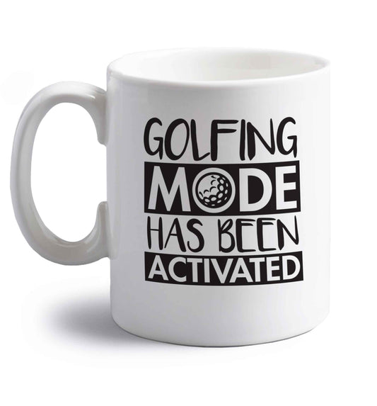 Golfing mode has been activated right handed white ceramic mug 