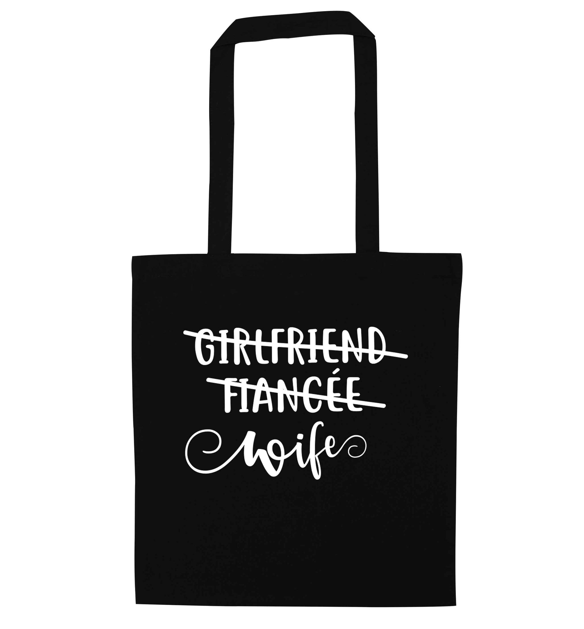 Girlfriend, fiancee, wife black tote bag