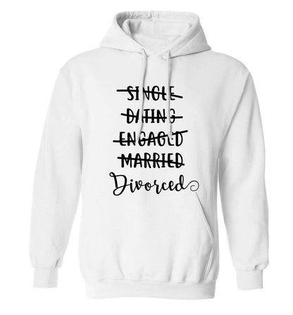 Single, dating, engaged, divorced adults unisex white hoodie 2XL