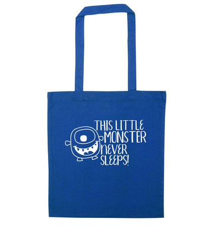 This little monster never sleeps blue tote bag