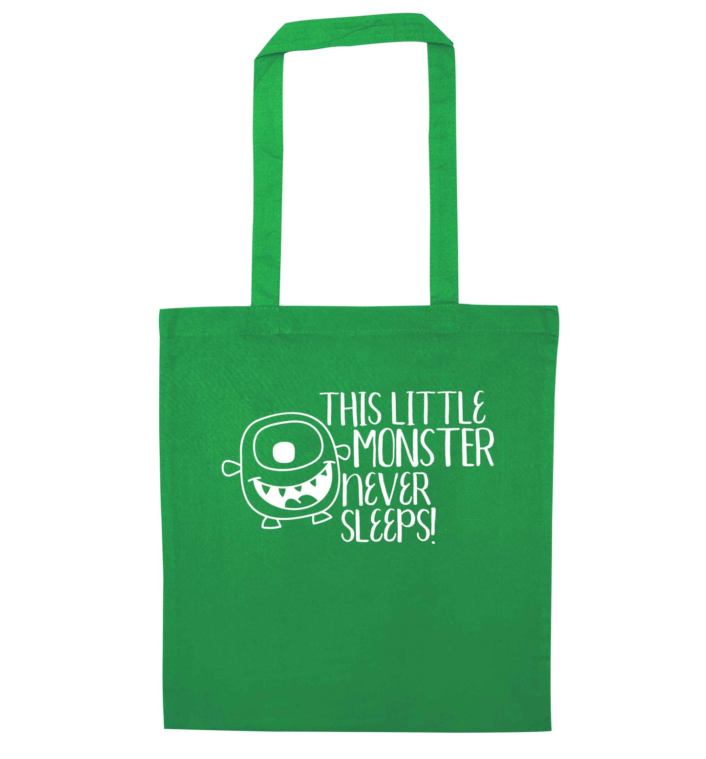 This little monster never sleeps green tote bag