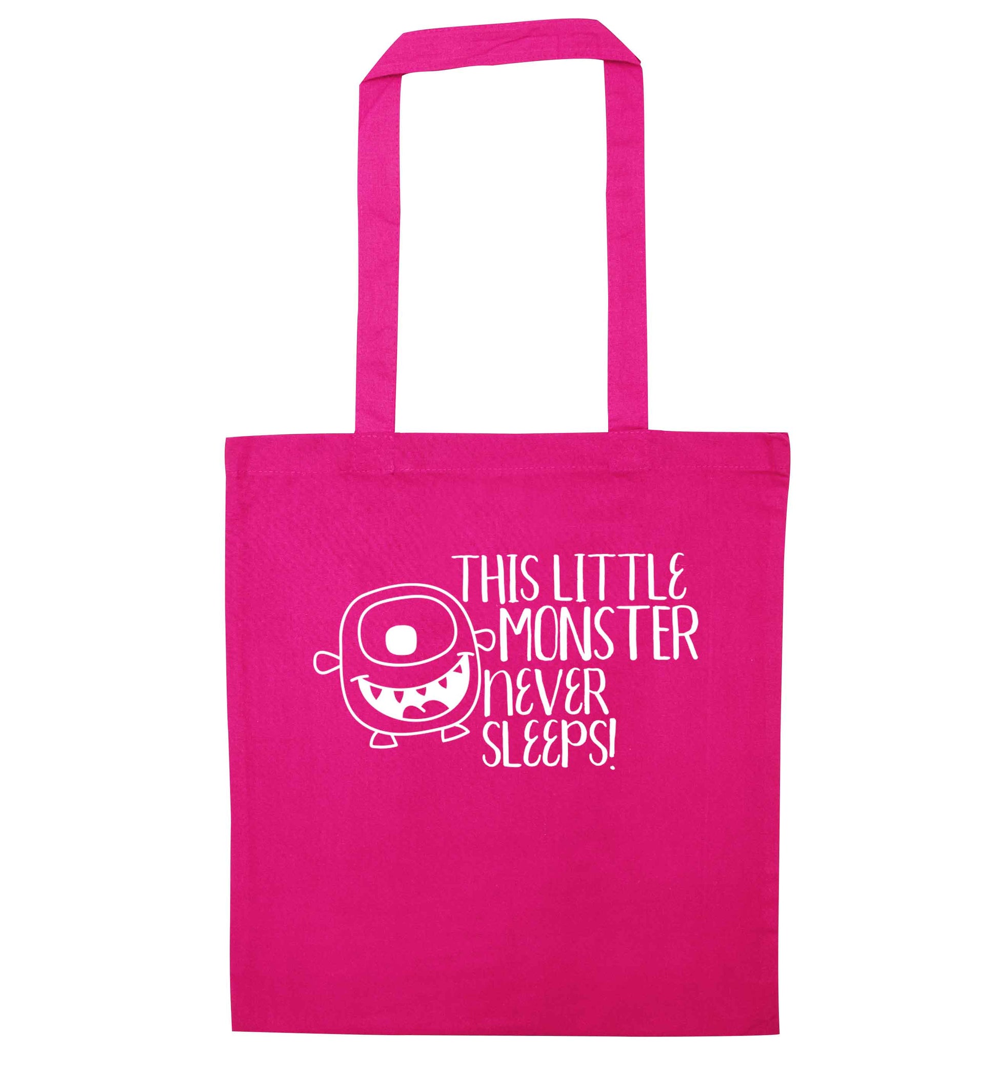 This little monster never sleeps pink tote bag
