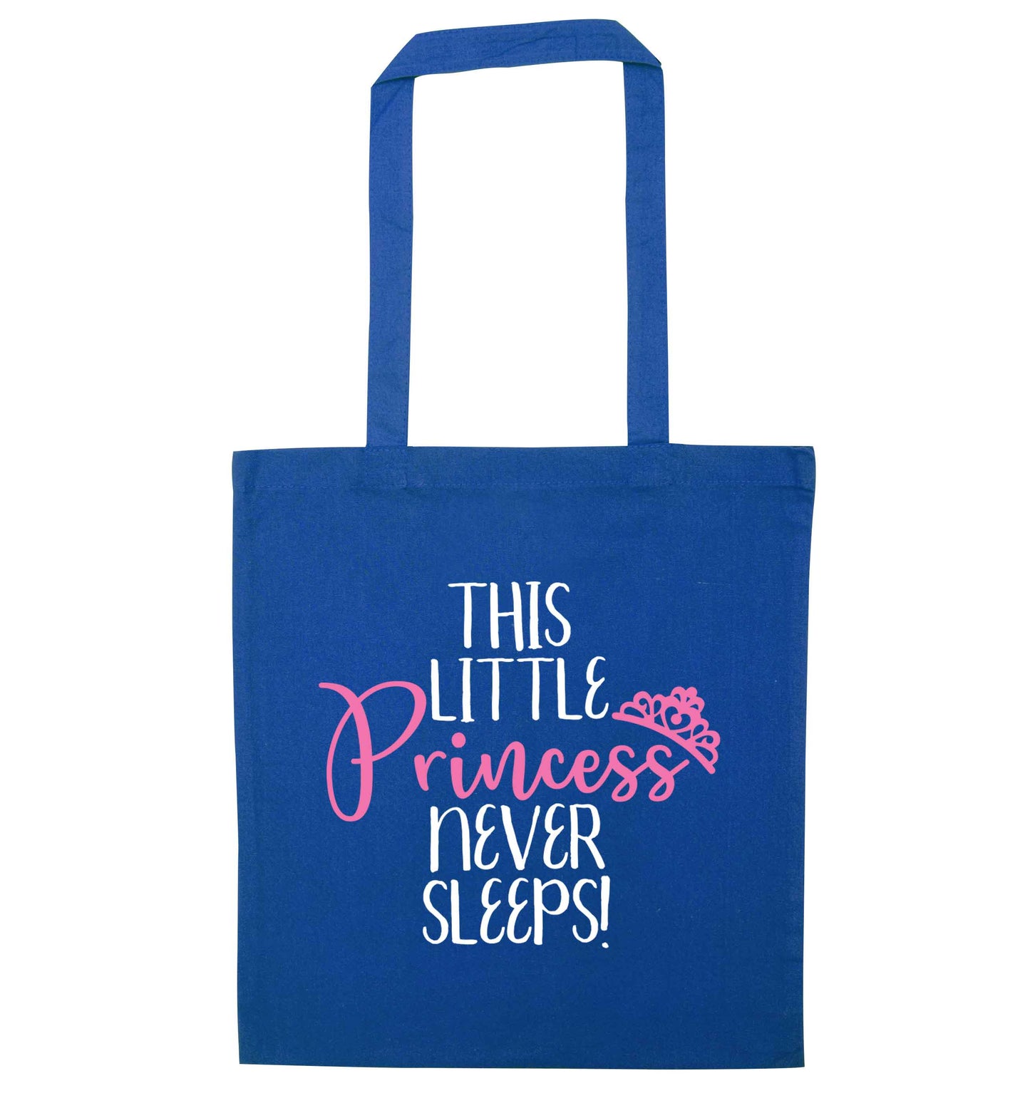 This little princess never sleeps blue tote bag
