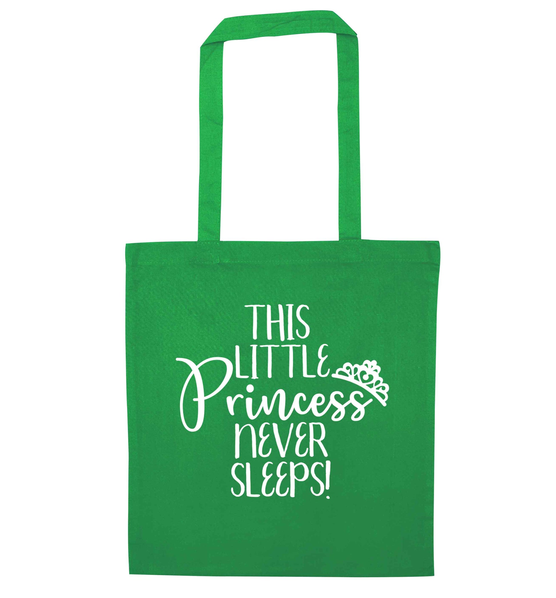 This little princess never sleeps green tote bag