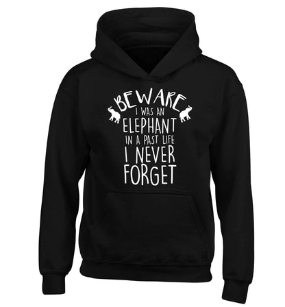 Beware I was an elephant in my past life I never forget children's black hoodie 12-13 Years