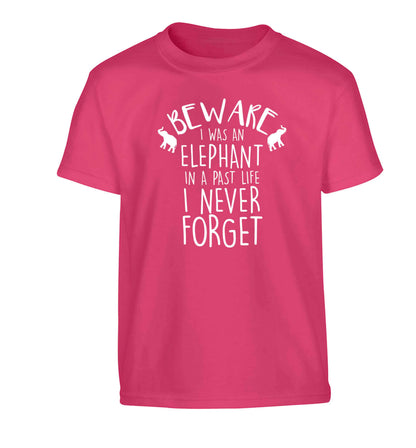 Beware I was an elephant in my past life I never forget Children's pink Tshirt 12-13 Years