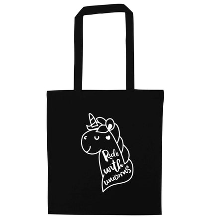 Ride with unicorns black tote bag