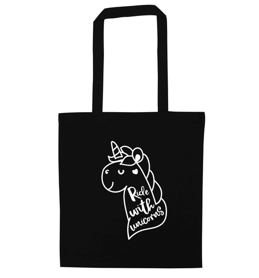 Ride with unicorns black tote bag