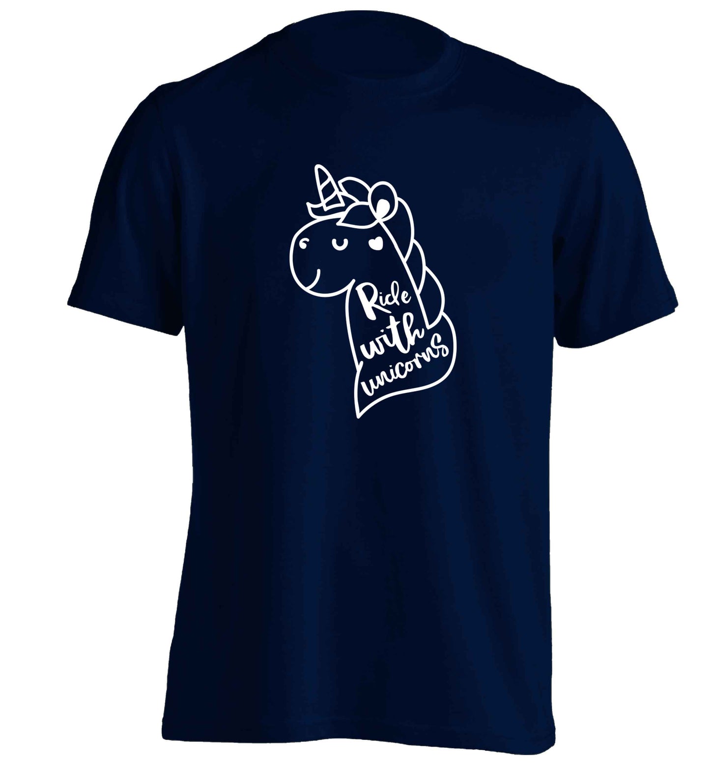Ride with unicorns adults unisex navy Tshirt 2XL