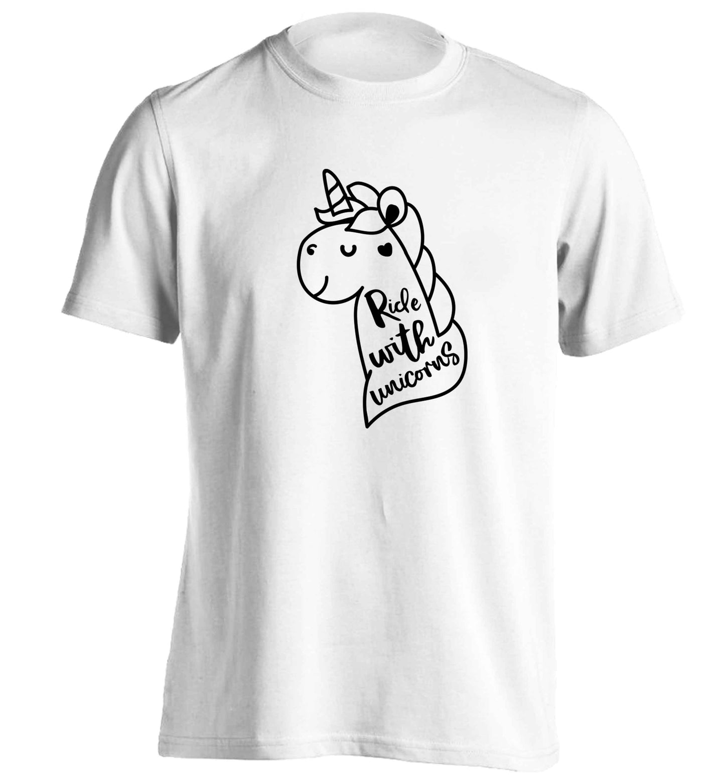 Ride with unicorns adults unisex white Tshirt 2XL