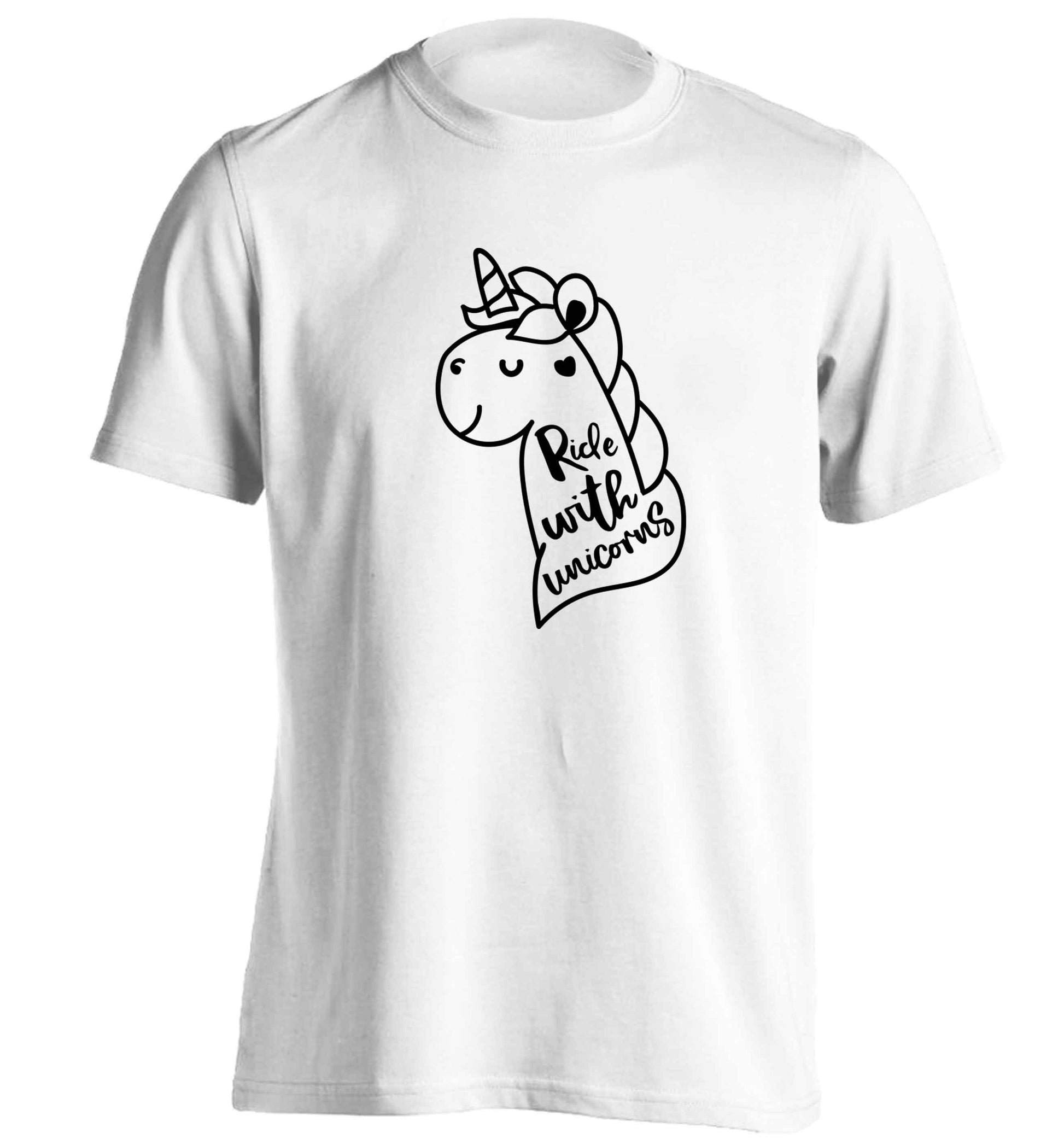 Ride with unicorns adults unisex white Tshirt 2XL