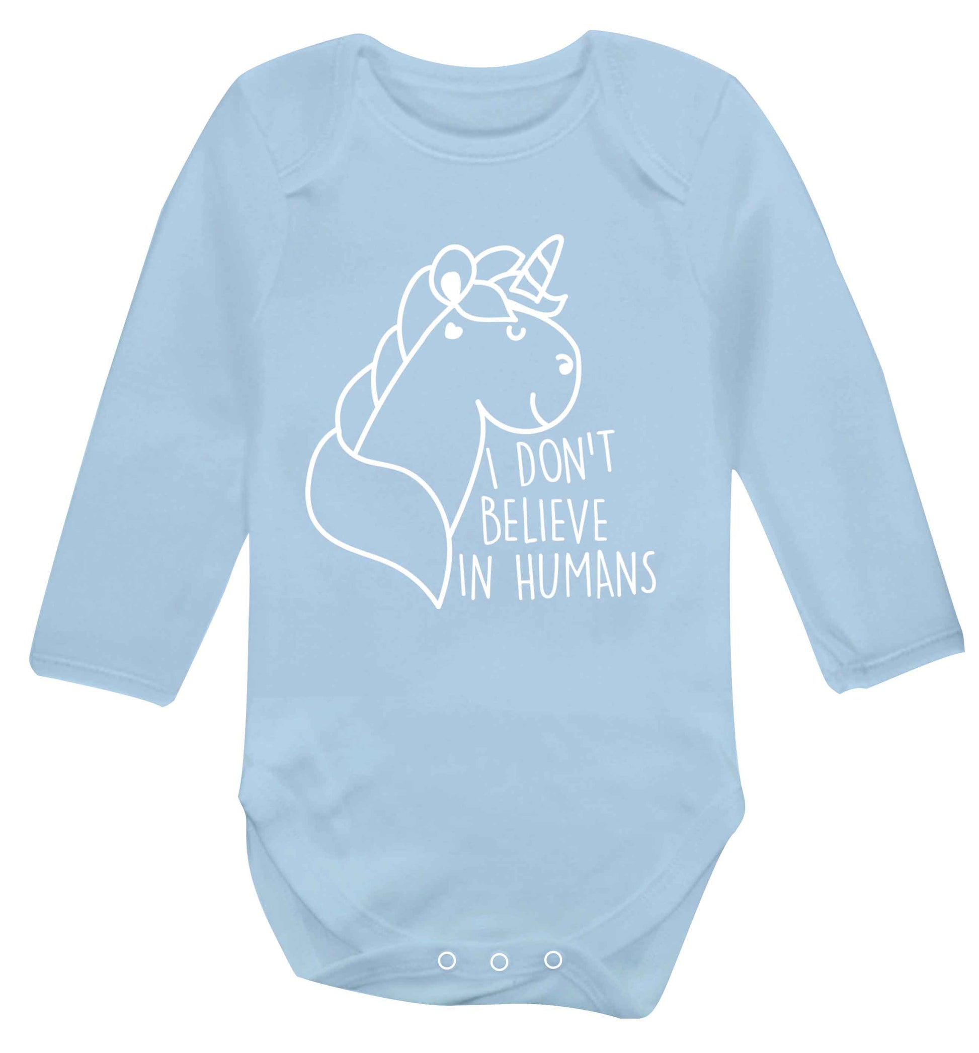 I don't believe in humans Baby Vest long sleeved pale blue 6-12 months