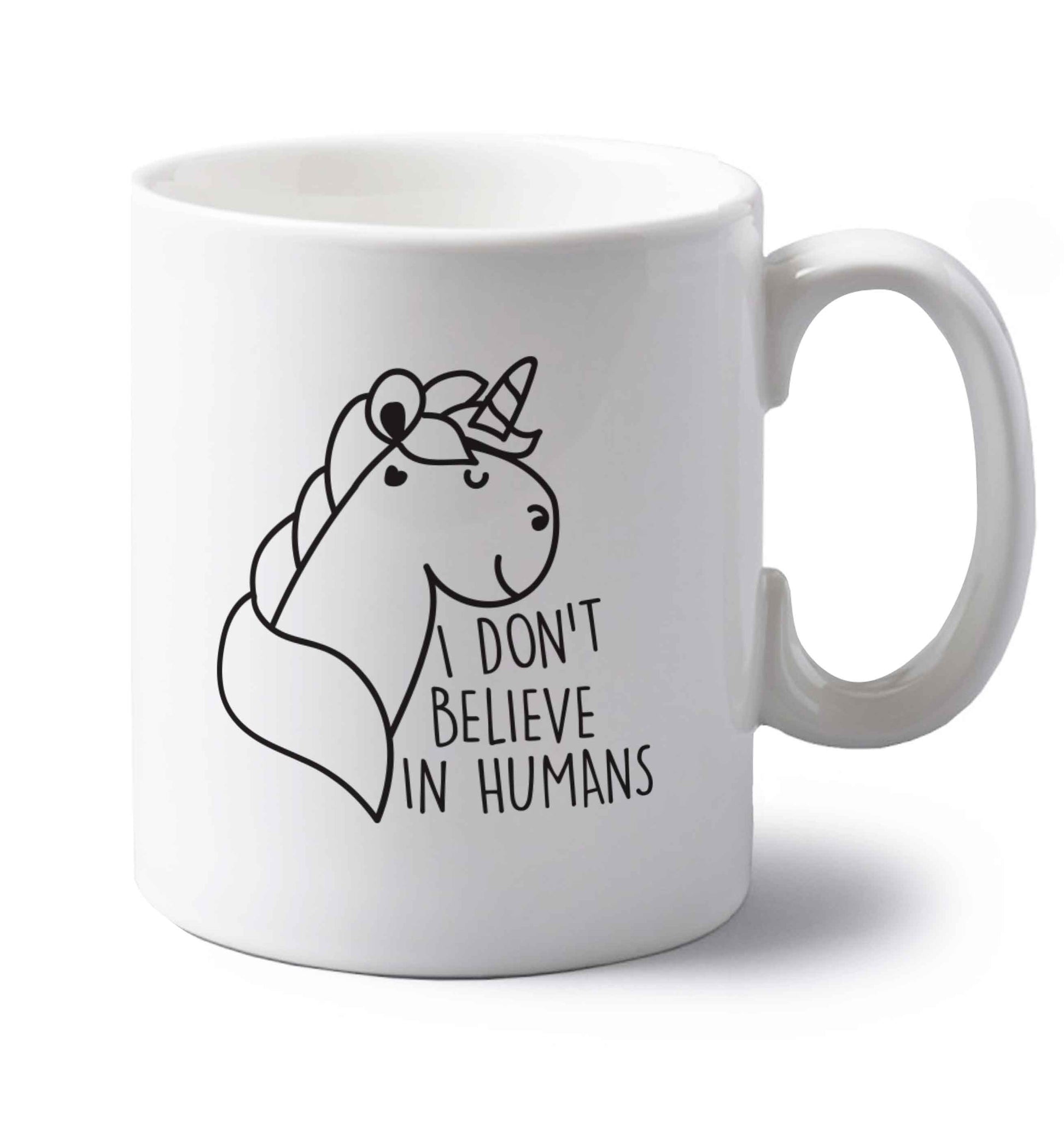I don't believe in humans left handed white ceramic mug 