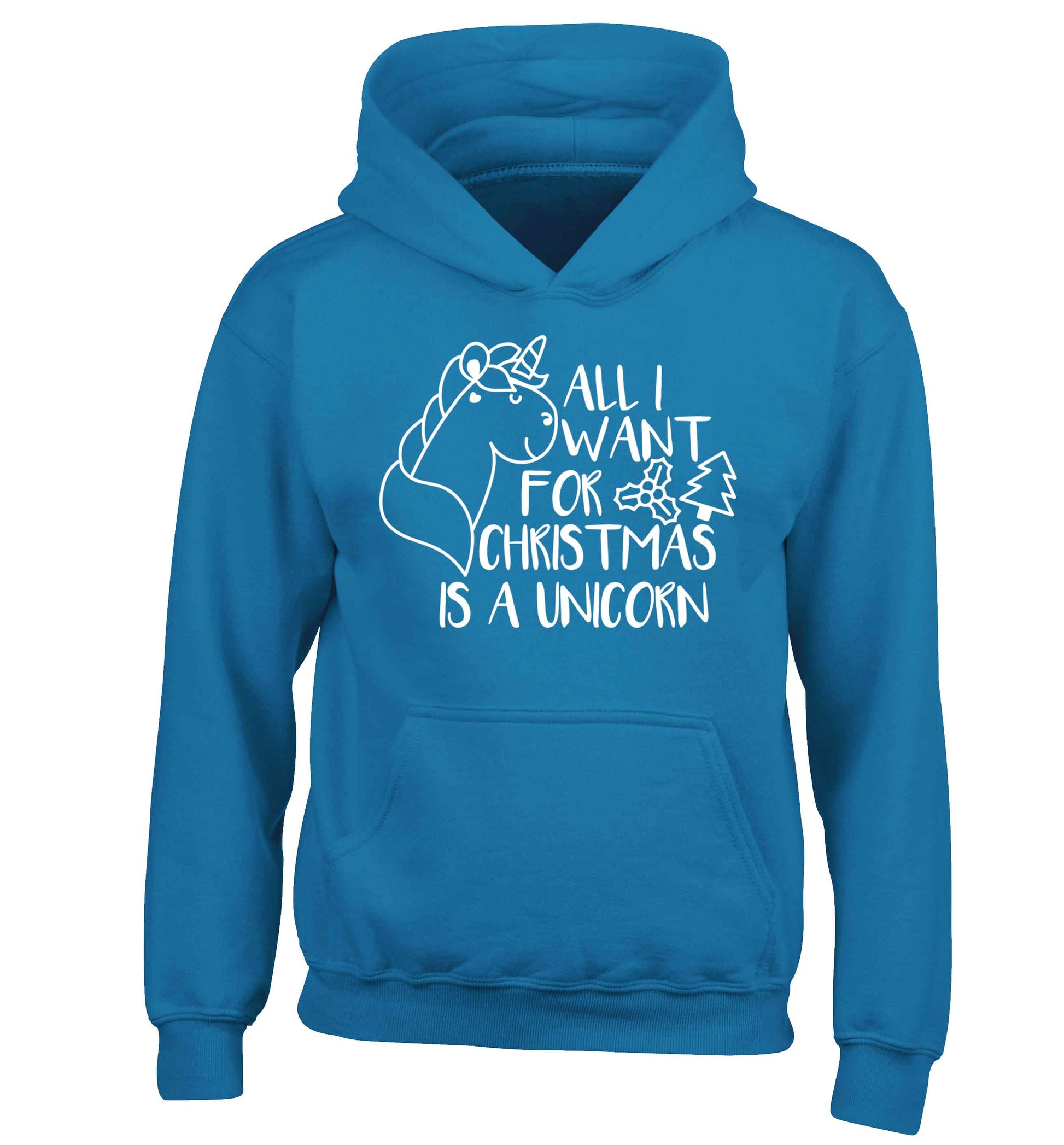 All I want for Christmas is a unicorn children's blue hoodie 12-13 Years