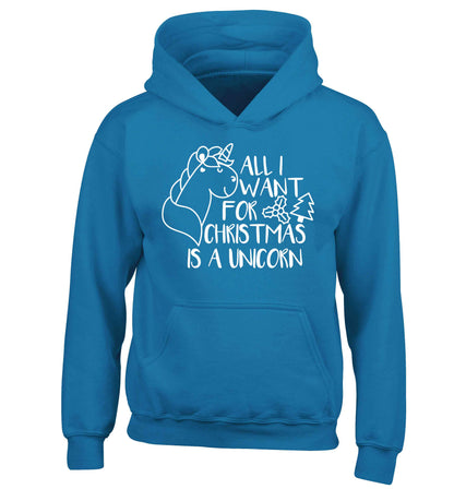 All I want for Christmas is a unicorn children's blue hoodie 12-13 Years