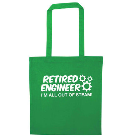 Retired engineer I'm all out of steam green tote bag